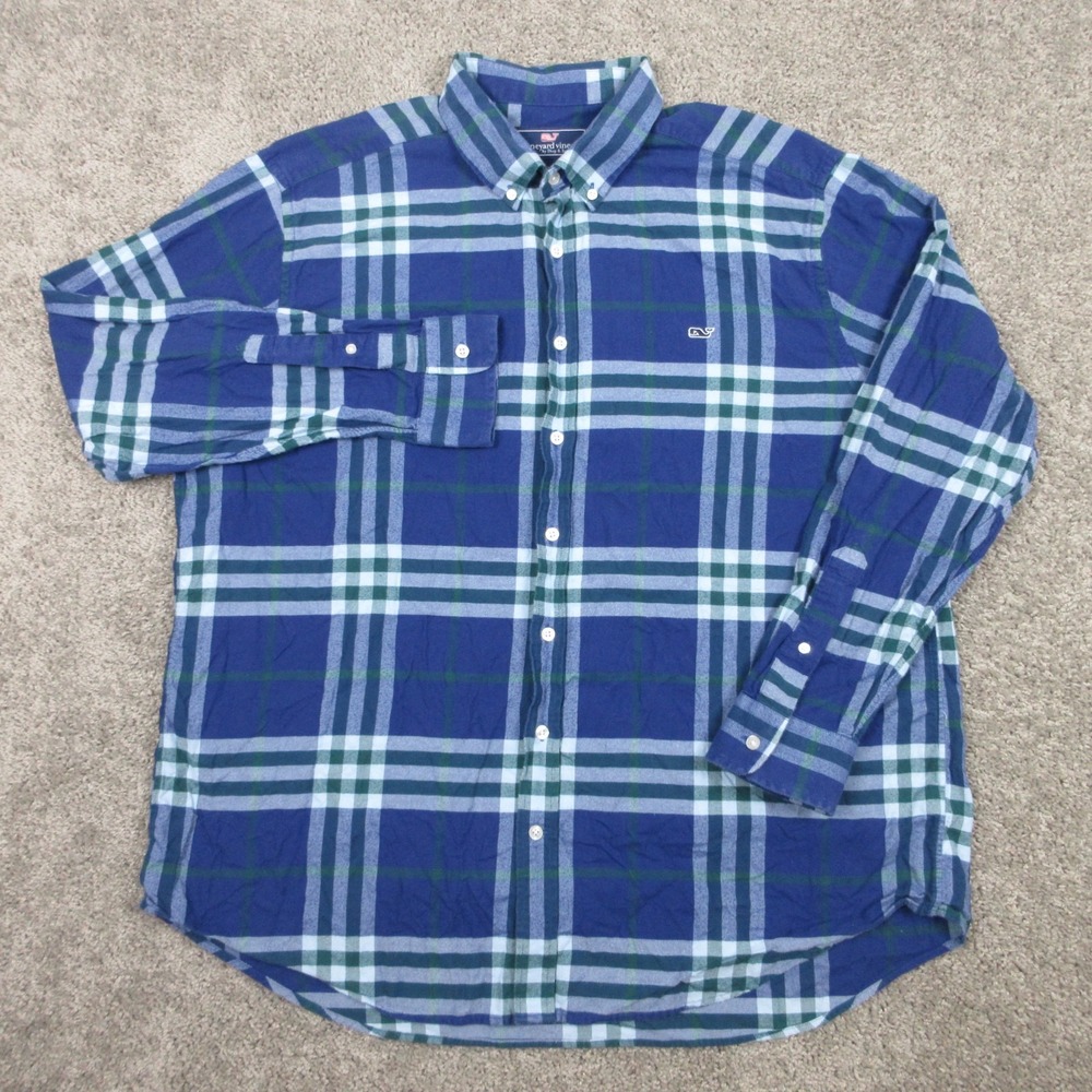 Vineyard Vines Shirt Mens 2XL Blue Plaid Slim Fit Whale Twill Flannel Button Up